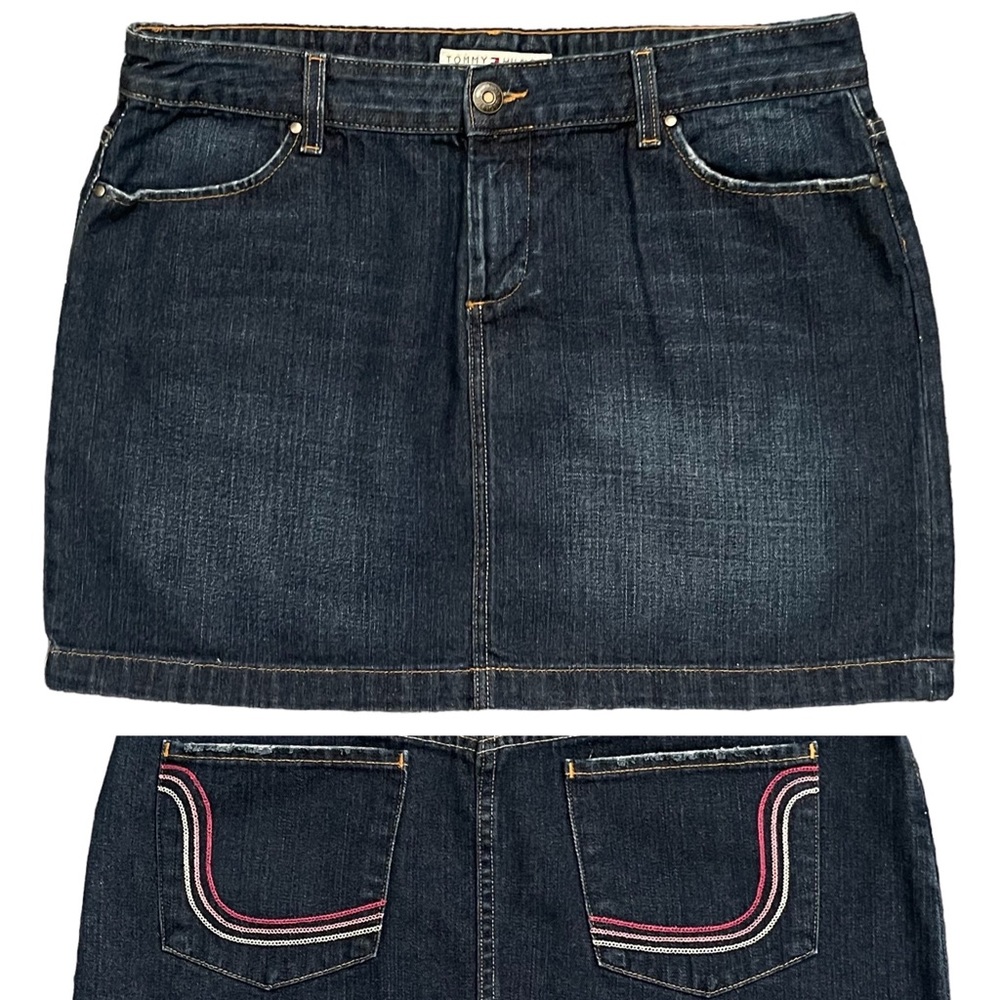 Tommy Hilfiger Distressed Denim Dark Wash Jean Mini Skirt Size 14 - Picture 4 of 14